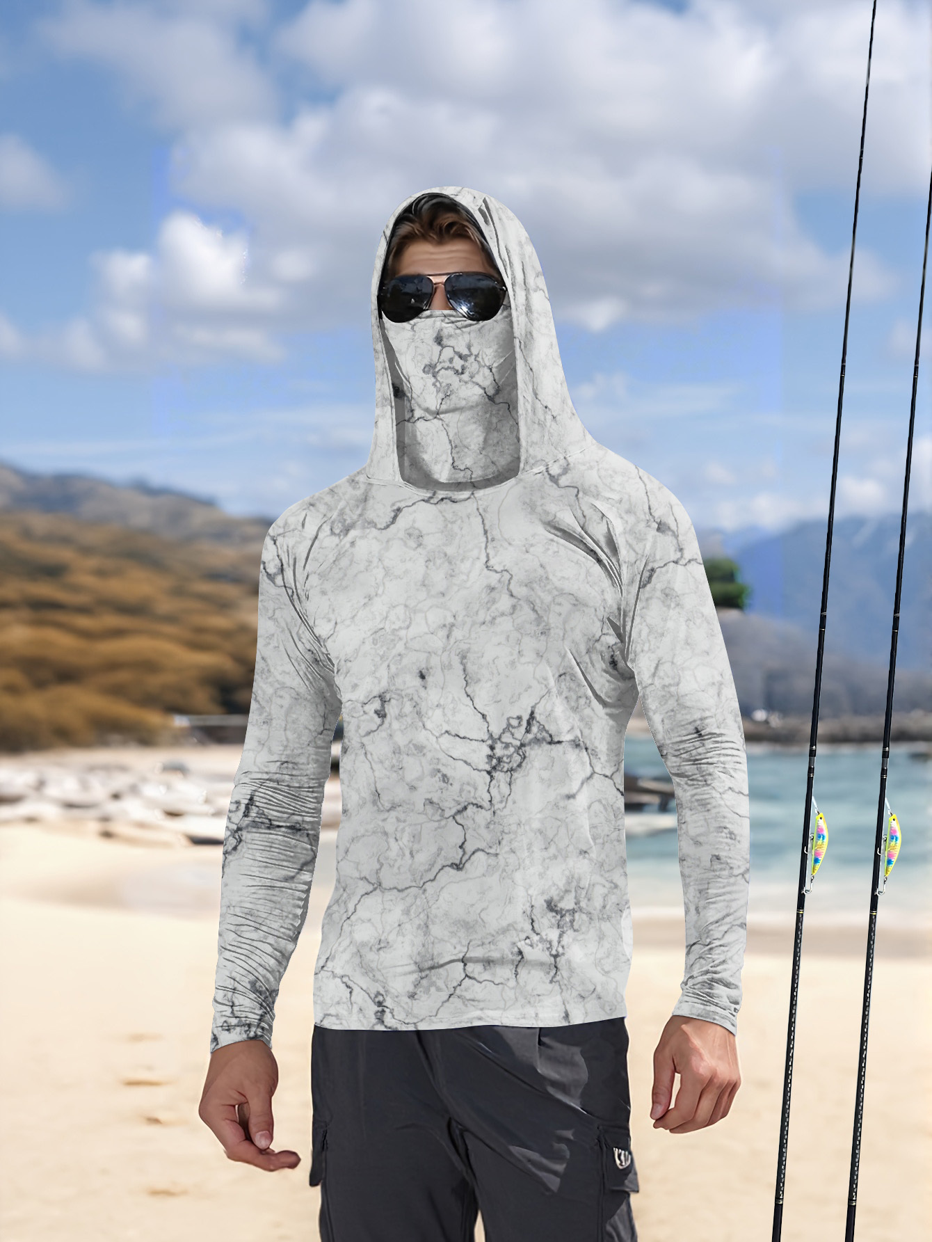 Summer Clothing Men - Męska koszulka wędkarska z kapturem, długi